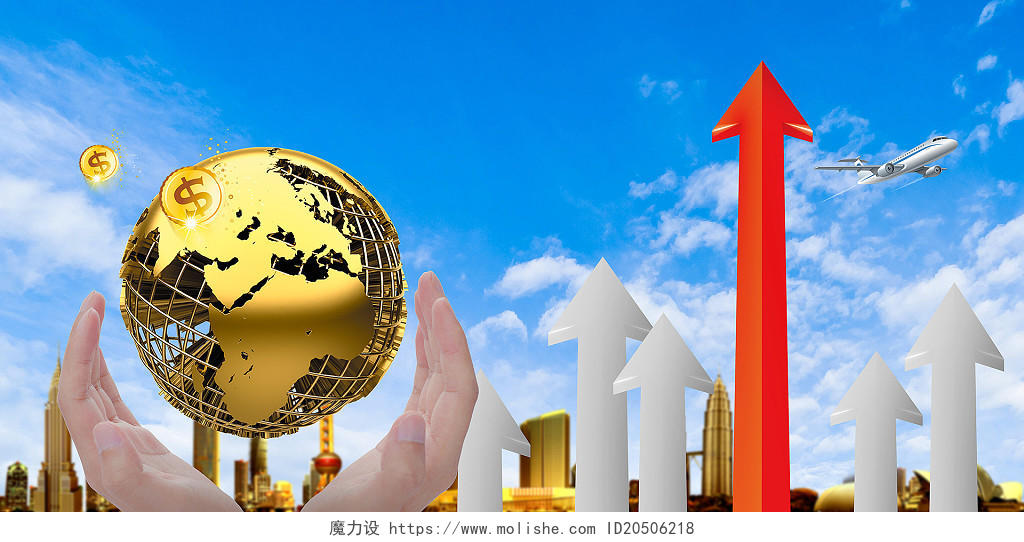 蓝色金色地球金融理财箭头升值财富发展商务房地产背景快速发展